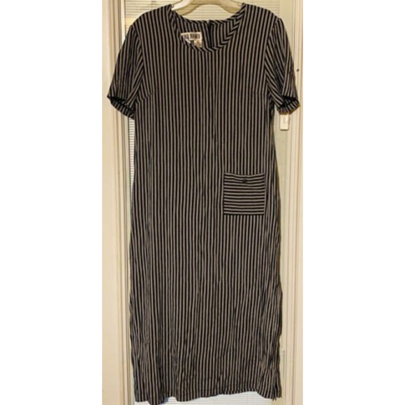Coco Bianco Sack Dress 14 Vertical Striped Black Gray Zip Back Peasant Teacher - Picture 2 of 5